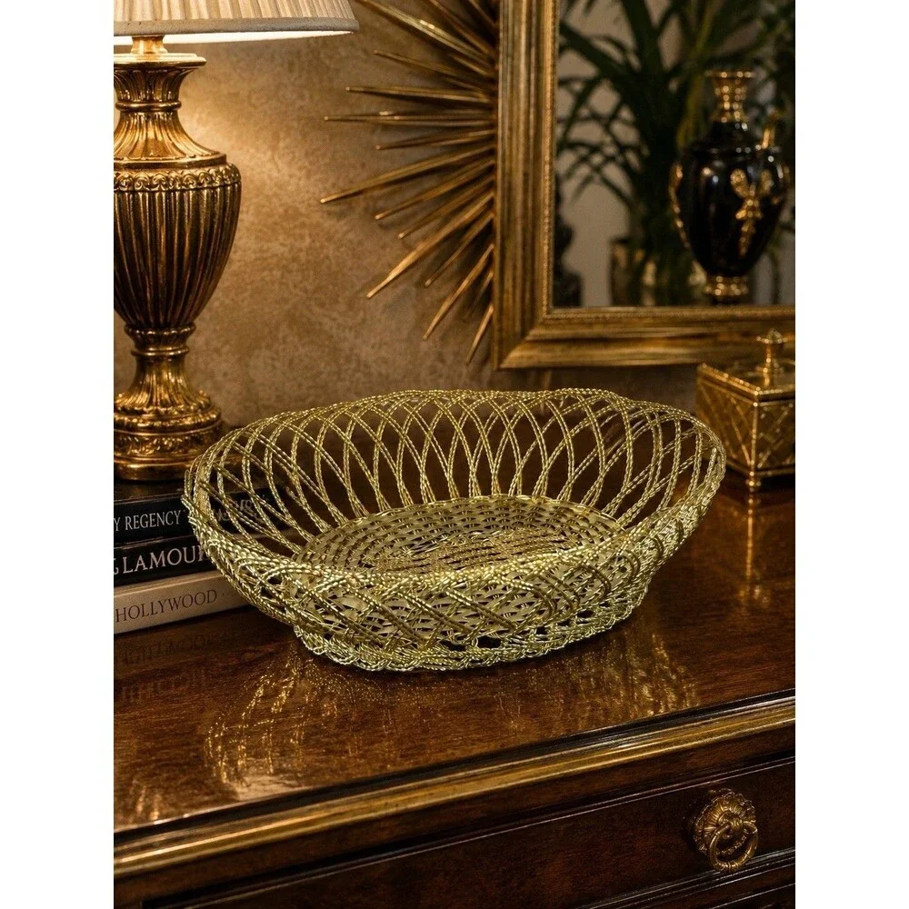 Studio Nova Golden Classic Twist Wire Oval Basket Gold Tone Fruit Bowl Decor